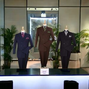 MEN'S APOLLO KING 2 PC DOUBLE BREASTED NAVY-BLACK- OFF WHT WIDE PEAK LAPEL SUIT.